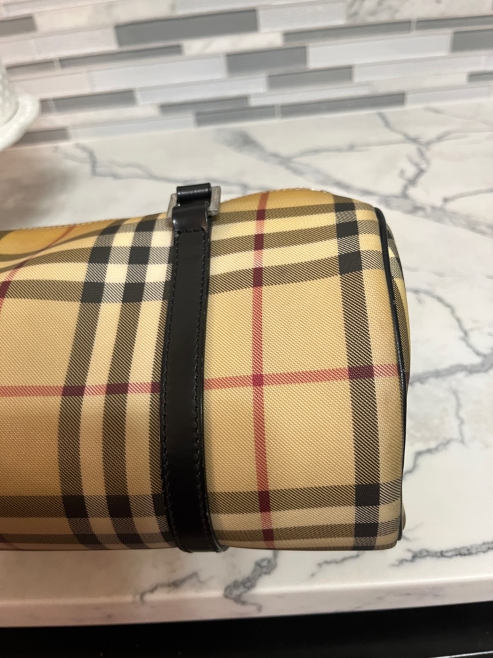 Burberry Beige Plaid Barrel Satchel with Black Trim - Picture 7 of 13